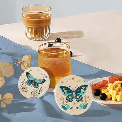 Coaster for Drinks Set of 6, Boho Butterfly Flower Absorbing Round Ceramic Stone Coaster with Cork Base,Tabletop Protection Mat for Mugs and Cups,Coffee Table Wine Glass Home Bar 4 Inch
