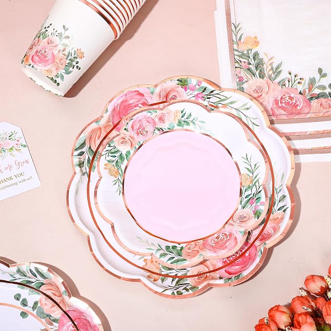 Whaline Floral Tableware Set Pink Flower Rose Gold Foil Disposable Party - Image 3