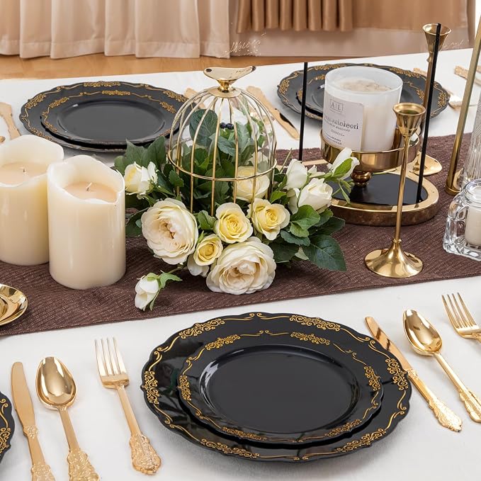 DaYammi 60PCS Black and Gold Plastic Plates, Heavy Duty Black and Gold - Image 2