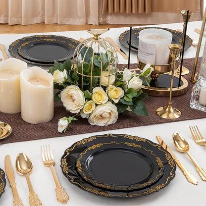 DaYammi 60PCS Black and Gold Plastic Plates, Heavy Duty Black and Gold - Image 2