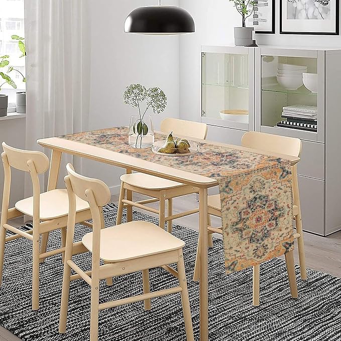 Bohemia Orange Table Runner, Rustic Farmhouse Vintage Geometric Floral Print - Image 3