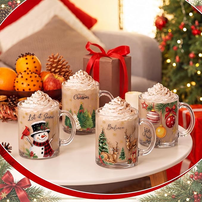 Tioncy 4 Pcs Christmas Glass Coffee Mugs 12 oz | Reindeer Snowman Tree Designs - Image 6
