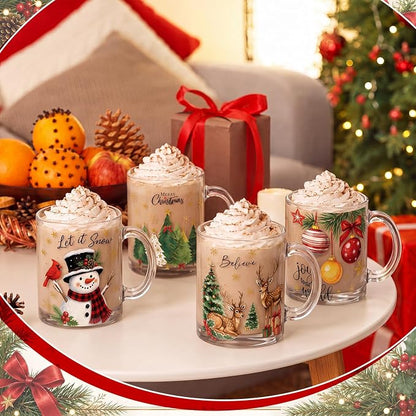 Tioncy 4 Pcs Christmas Glass Coffee Mugs 12 oz | Reindeer Snowman Tree Designs - Image 6