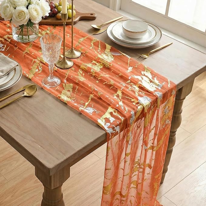 Artoid Mode Marble Pattern Orange Gauze Table Runner 10FT, Glitter Metallic - Image 4