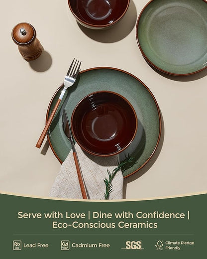 16 Piece Double Bowl Dinnerware Sets with Pasta Bowls, Highly Chip and Crack Resistant Plates and Bowls Sets, Natural Earthyware Ceramic Dishware Sets, Service for 4 Sage Green