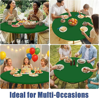 Round Spandex Tablecloth 2 Pack, Elastic Fitted Waterproof Tablecloths for 57"-68" Tables, Stretch Washable Picnic Table Cover for Camping, Dining, Indoor and Outdoor, Emerald Green