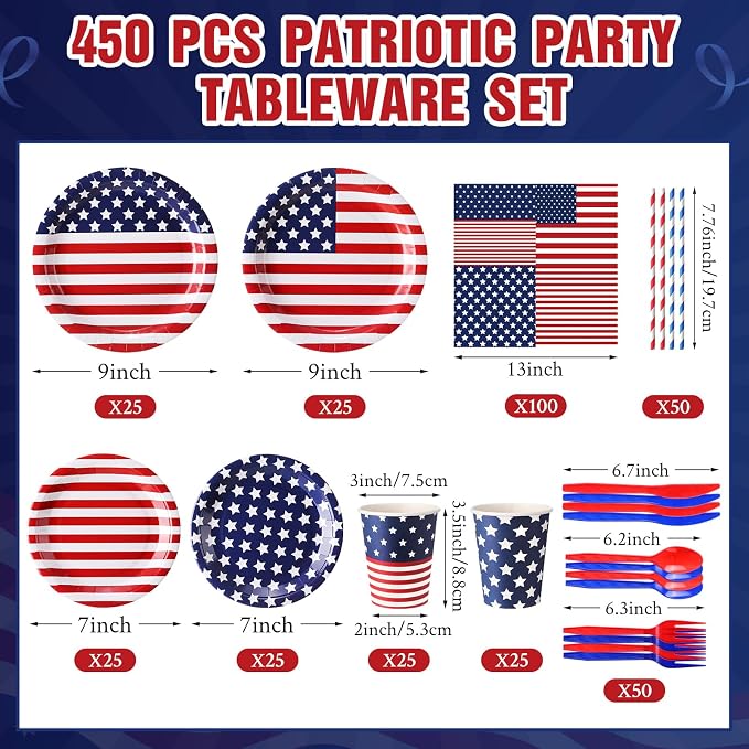 450 Pcs 4th of July Patriotic Tableware Set Decorations, Serves 50 | USA Red - Image 2