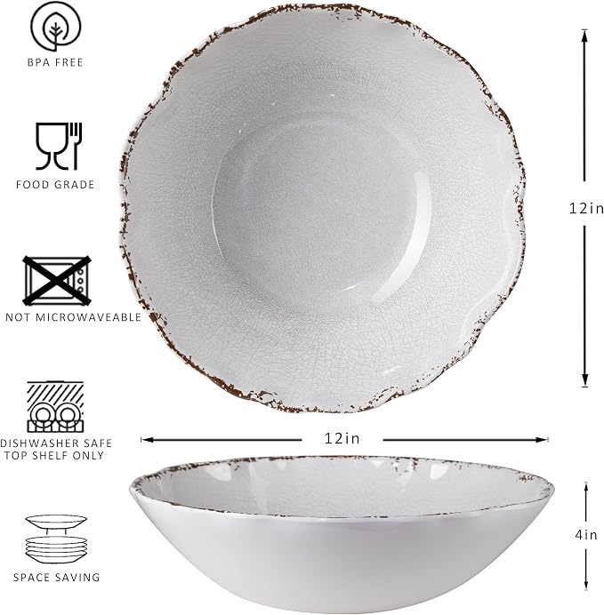 Rustic Melamine Serving Bowls, 12 inch Larger Salad Bowl Set, Farmhouse White - Image 6