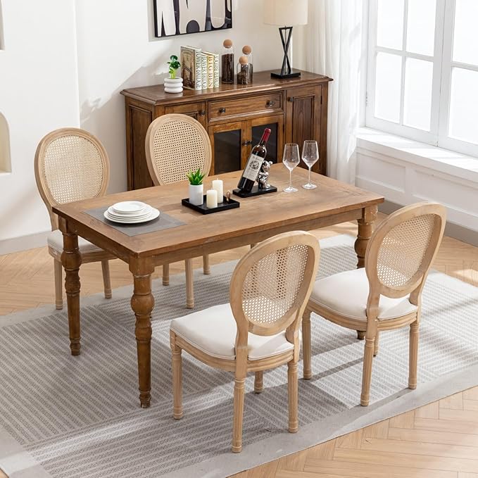 Vintage French Rattan Dining Chairs Set of 2, Solid Wood Frame with Round Rattan Back and Linen Upholstered Seat, Farmhouse Accent Sillas de Comedor Side Chairs for Dining Room & Kitchen, Beige
