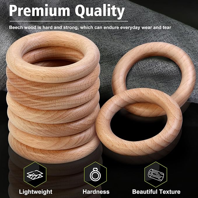 FoDau770 10pcs Natural Beech Wooden Rings, Unfinished Solid Wood Rings Heavy - Image 4