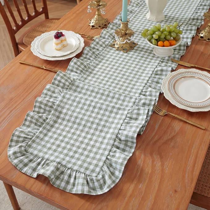 HunnmingRe 1 Pc Gingham Table Runner Green, 118 X 13.8 Inch | Cotton Dresser - Image 3
