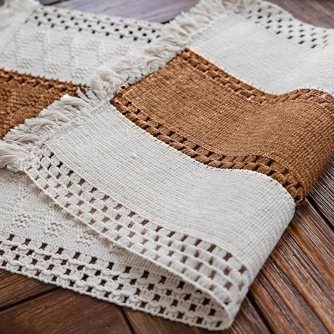 Macrame Table Runner Cream Beige and Caramel Boho Table Runners - Image 4