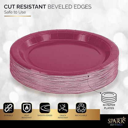 Disposable Paper Plates Burgundy, 7 Inch Paper Dessert Plates, Strong and Sturdy Disposable Plate for Party, Dinner, Holiday, Picnic, or Travel Party Plate, Pack of 50