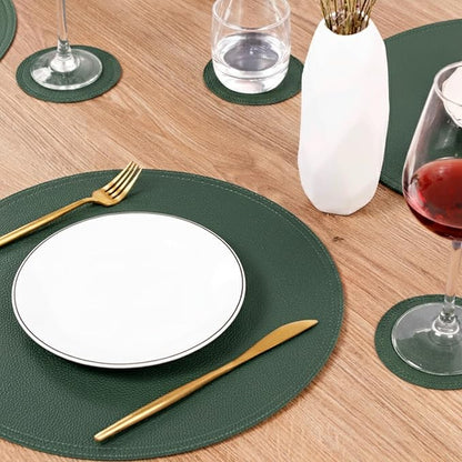 Set of 8 Faux Leather Round Placemats and Coasters, Disko Table Mats and Drink Spills Coasters, Easy to Clean, Double Stitched for Kitchen Dining Table, Diameter 13'' and 3.9''