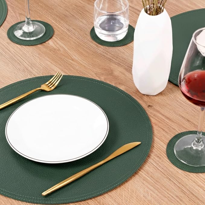 Jovono Faux Leather Round Placemats and Coasters, Wipeable Table Mats, Double - Image 2