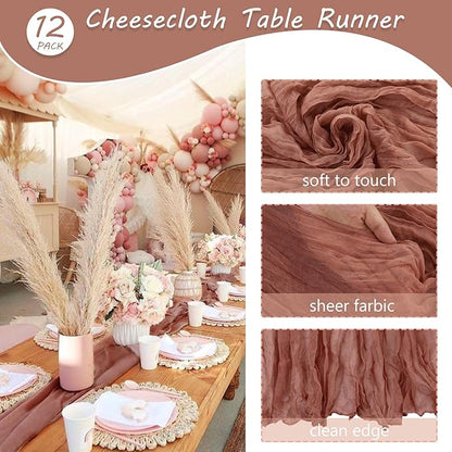 Fivenl 12 Pack Cheesecloth Table Runner 35x72 Inch Boho Gauze Rustic Cheese Cloth Long Romantic for Wedding Bridal Shower Birthday Party Decor (Dusty Blush)