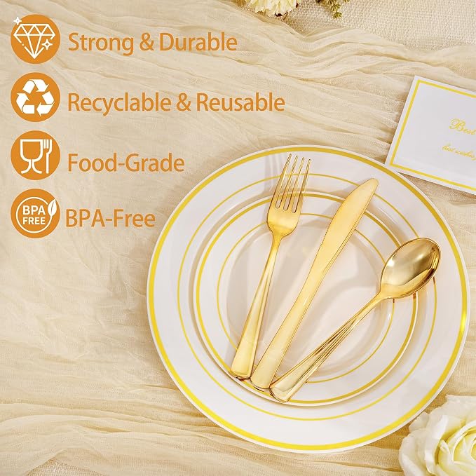 IOOOOO 200 Pcs Gold and Ivory Plastic Plates, Ivory Disposable Party Plates - Image 6