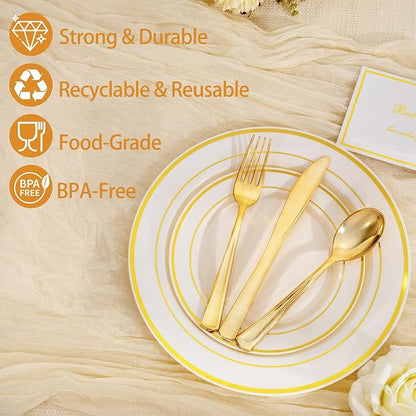 IOOOOO 200 Pcs Gold and Ivory Plastic Plates, Ivory Disposable Party Plates - Image 6