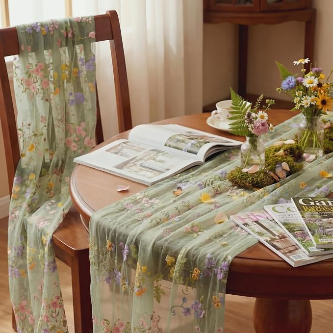 Sage Green Floral Table Runner 10ft Embroidery Tulle Spring Wildflower Table - Image 6