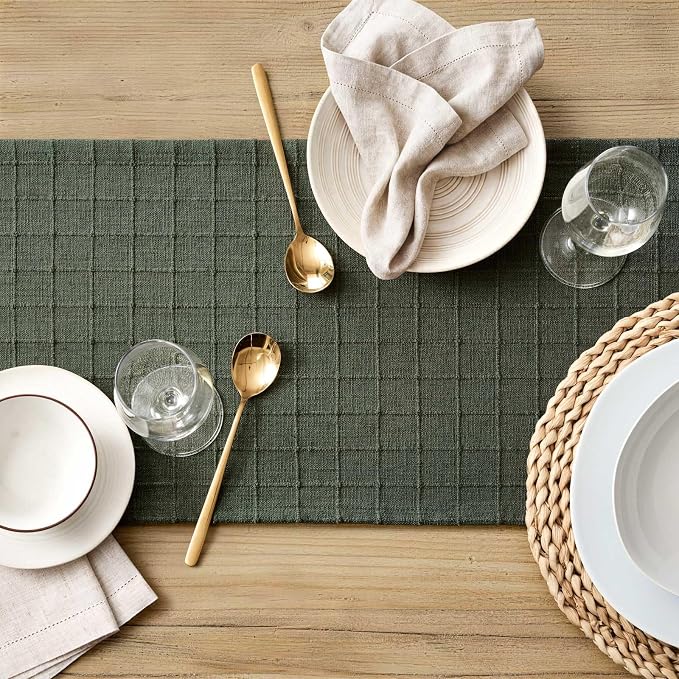 Artisanal Grid Linen Table Runner, 13x72 Inches Army Green | Heavy Textured - Image 5
