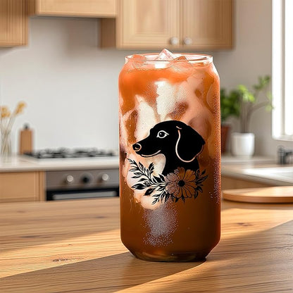 Cute Dachshund Glass Cup With Lids And Straws, Dachshund Gift For Women, Iced, Coffee, Smoothie, Cocktail, Beer, Whiskey, Soda, Matcha,16 Oz, Home Office Table Desk Decoration!