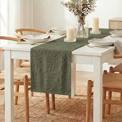 Artoid Mode Olive Green Soft 3D Jacquard Leaves 100%Cotton Spring Table Runner - Image 3