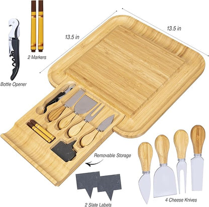 Large Bamboo Cheese Board Gift Set with Slide-Out Drawer & Knife Set – Charcuterie Board for Entertaining, Housewarming & Valentine’s Day Gifts