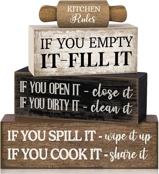 Moucuny 4 Pcs Rustic Wooden Table Decor Farmhouse Kitchen Rules Wood Sign Black by Moucuny