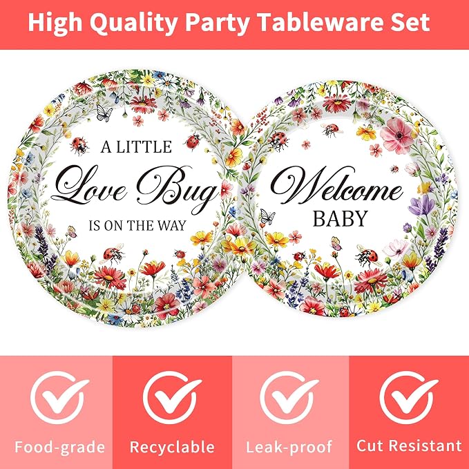 96 Pcs Love Bug Baby Shower Decorations, Floral Tableware Set | Includes paper - Image 3