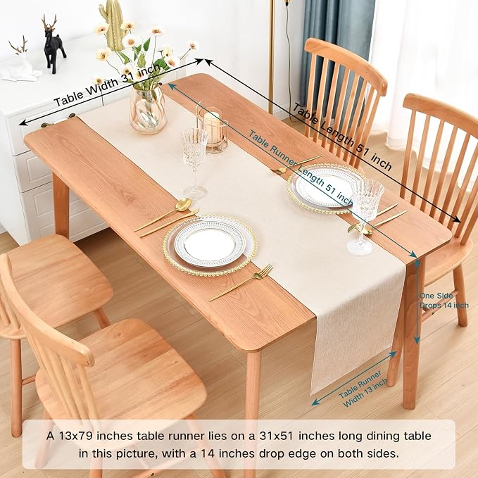 Faux Linen Table Runner Water Resistant 13 x 60 in, Neutral | Farmhouse Rustic - Image 2