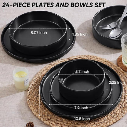 E-far Black Dinnerware Sets with Pasta Bowls, 24-Piece Stoneware Plates and Bowls Sets for 6 | Microwave & Dishwasher Safe Kitchen Modern Dish Set, Matte Black