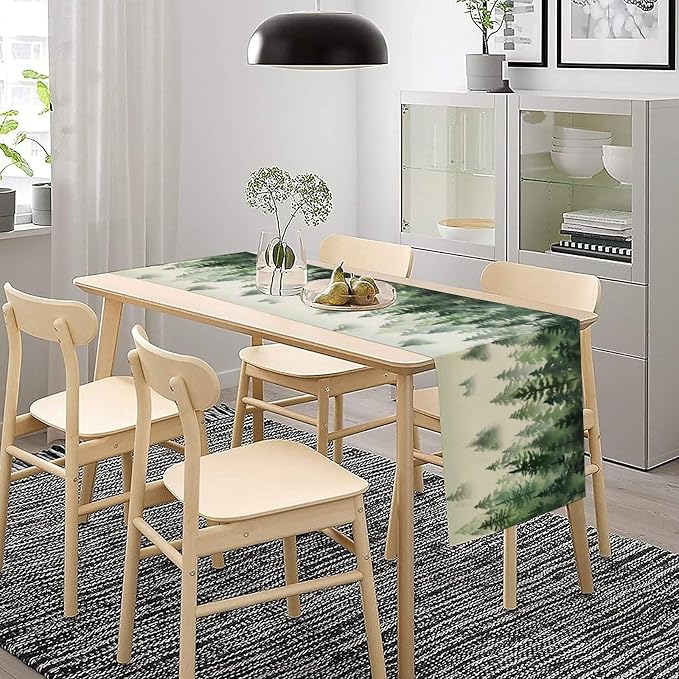 Watercolor Green Pine Trees Table Runner, Forest Woodland Tabletop Scarf Home - Image 3