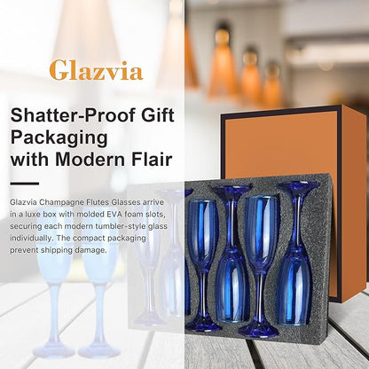 Champagne Flutes Glasses Set of 6-6oz Elegant Blue Glass, Unique Blue Colored Long Stem Champagne Flute Gift for Wedding, Anniversaries, Parties, Birthday, Restaurant, Home Bar