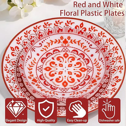 Hioasis 60pcs Red Plastic Plates Set - Floral Red & White Porcelain Design, 10.25" Dinner & 7.5" Dessert Plates Disposable for Christmas (Dishwasher Safe, Traditional Style)