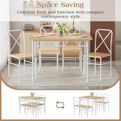 VECELO 5-Piece Kitchen Dining Table Set, Wood Tabletop & Heavy-Duty Metel Frame, Rectangle Dinette with 4 Chairs for Small Space, Breakfast Nook, Natural White