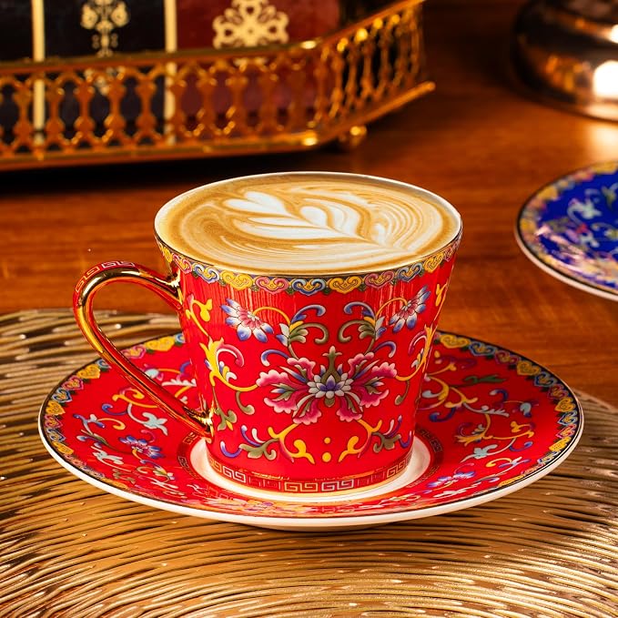 KAMMAK Tea Cup and Saucer, Ceramic Coffee Cups, 8 oz, Afternoon Tea and - Image 3