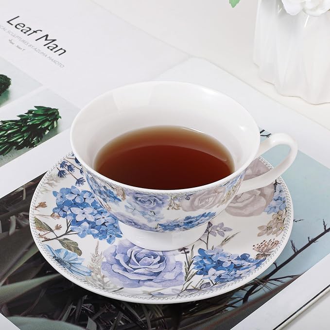 fanquare 6 oz Blue Rose and Hydrangea Porcelain Tea Cup and Saucer Set | - Image 4