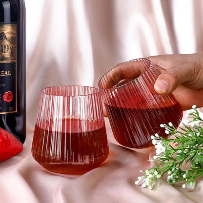 40 Pack Plastic Ribbed Wine Glasses, 14Oz Origami Disposable Wine Glasses Unbreakable Clear Plastic Cocktail Glasses Recyclable Shatterproof Reusable Wine Cups (14oz-pink-40pack)