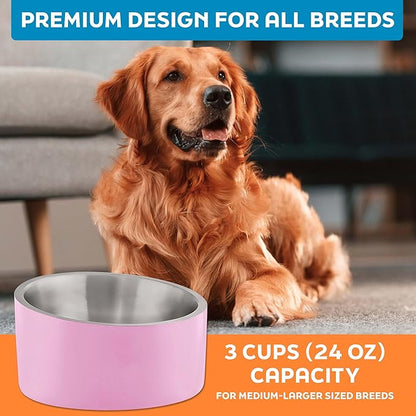 Master Pet Supply Stainless Steel Slanted Dog Cat Food Bowl - 24 oz Heavy Duty - Hyper Pink, Double Wall Insulated, Non-Slip Elevated Bowl for French Bulldogs Pugs Cats, Anti Rust Dishwasher Safe
