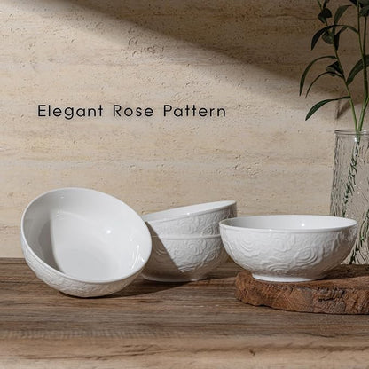 Porcelain Cereal Bowls Set of 4, 26 oz – 6.5" Wide White Floral Embossed - Image 2