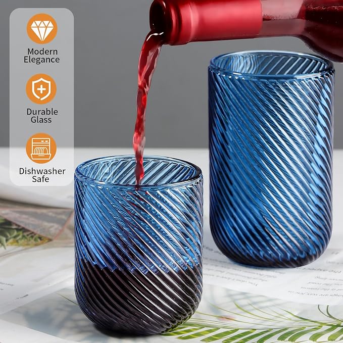 Set of 8 Ribbed Glassware, 4 Highball Glasses 14oz & 4 Rocks Drinking Glasses - Image 3