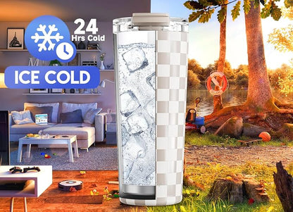 Meoky 24 oz Insulated Travel Coffee Mug: Leak Proof Lid, Checkmate | Stainless - Image 4
