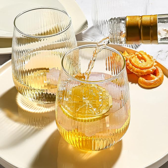 UMEIED 12 Pack Textured Glass Cups, 490ml | Elegant Vertical Ribs, Flat Base - Image 5