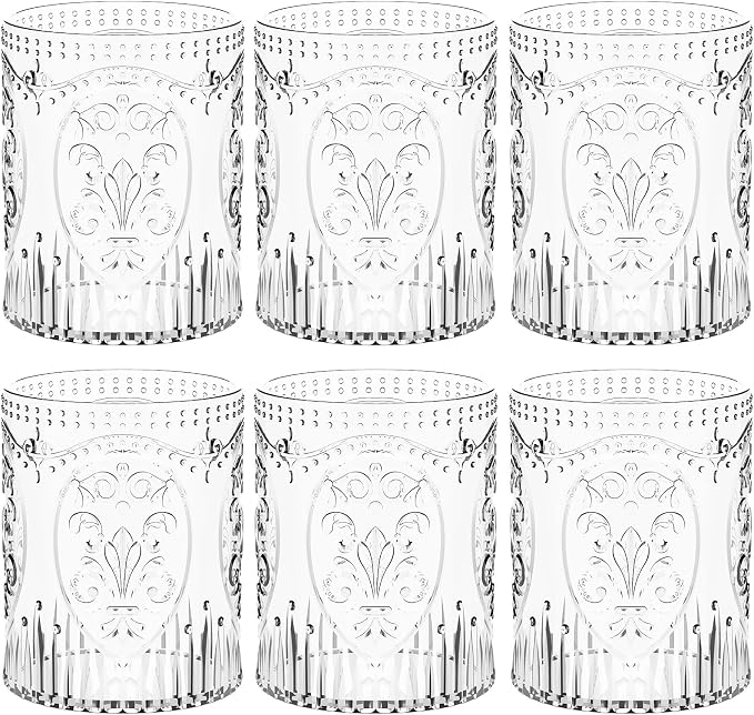 Qinyoung 6 Plastic Vintage Drinking Glasses 8.5oz Stemless Retro Embossed Wine by Qinyoung