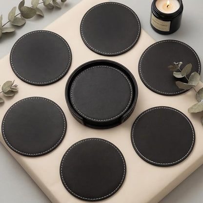Set of 6 PU Leather Black Bar Drink Coasters - Image 3