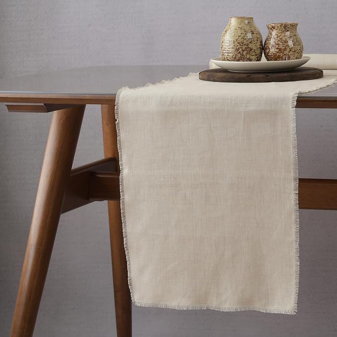 Linen Table Runner with Fringe- 14x72 Inch Natural, 100% Pure Linen Table Runner by LinksloveHome