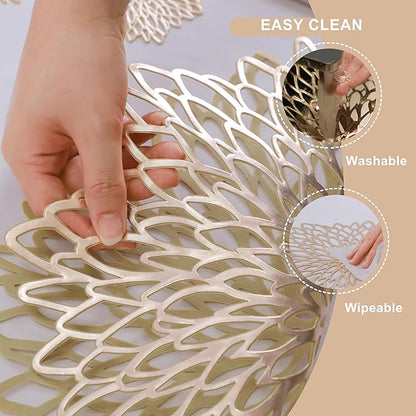 Snowkingdom Set of 12 Gold Metallic Placemats Laminated Vinyl Round Leaf Dinning Table Place Mats Bulk Decorative Halloween Thanksgiving Christmas Party Wedding Holiday Festival