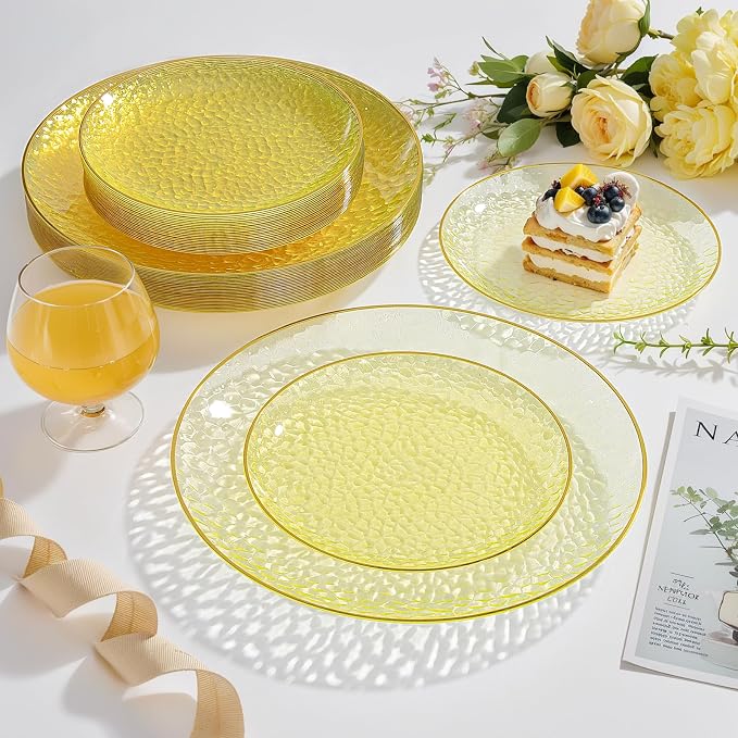 Rubtlamp 100Pcs Yellow Gold Plastic Plates, Hammered Plastic Plates Include 50 - Image 2