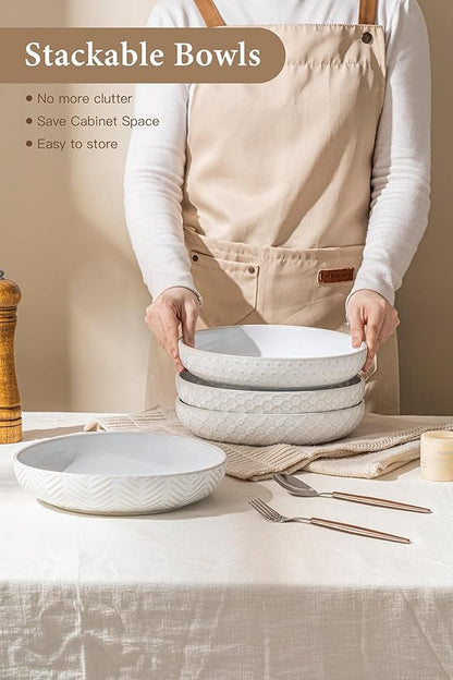 Embossed Ceramic Pasta Bowls, 42 oz Bowl Plates Set,9-Inch Large Serving Bowls Set of 4, Perfect for Pasta, Salad, Fruit, Sturdy&Stackable, Microwave & Dishwasher Safe
