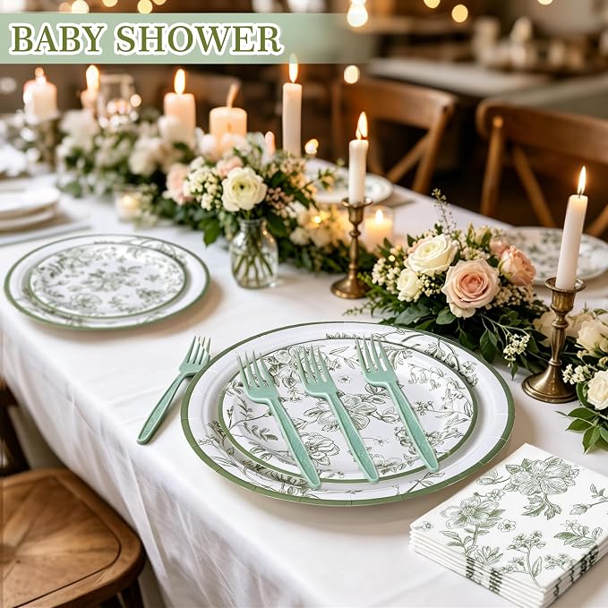 100 Pcs Disposable Sage Green Flower Tableware Set - Image 3